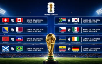 Poster Jadwal Lengkap Piala Dunia 2026 dengan daftar pertandingan internasional, bendera negara peserta, dan trofi Piala Dunia di latar stadion megah.